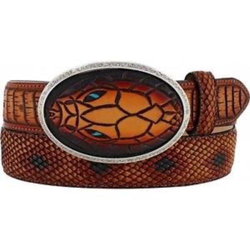 Tony Lama Sonora Classic Snake Print Leather Cowboy Belt silver tone buckle 34